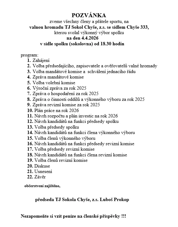 Valná hromada se koná 4.4. od 18:30 v Sokolovně!