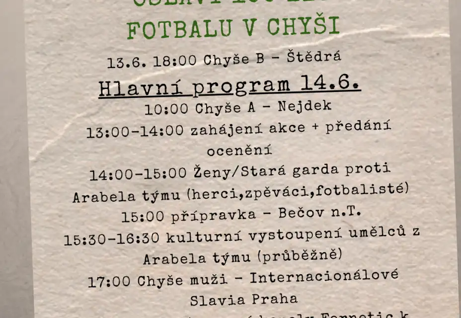 Oslavy 100 let fotbalu již 14.6.2025 !